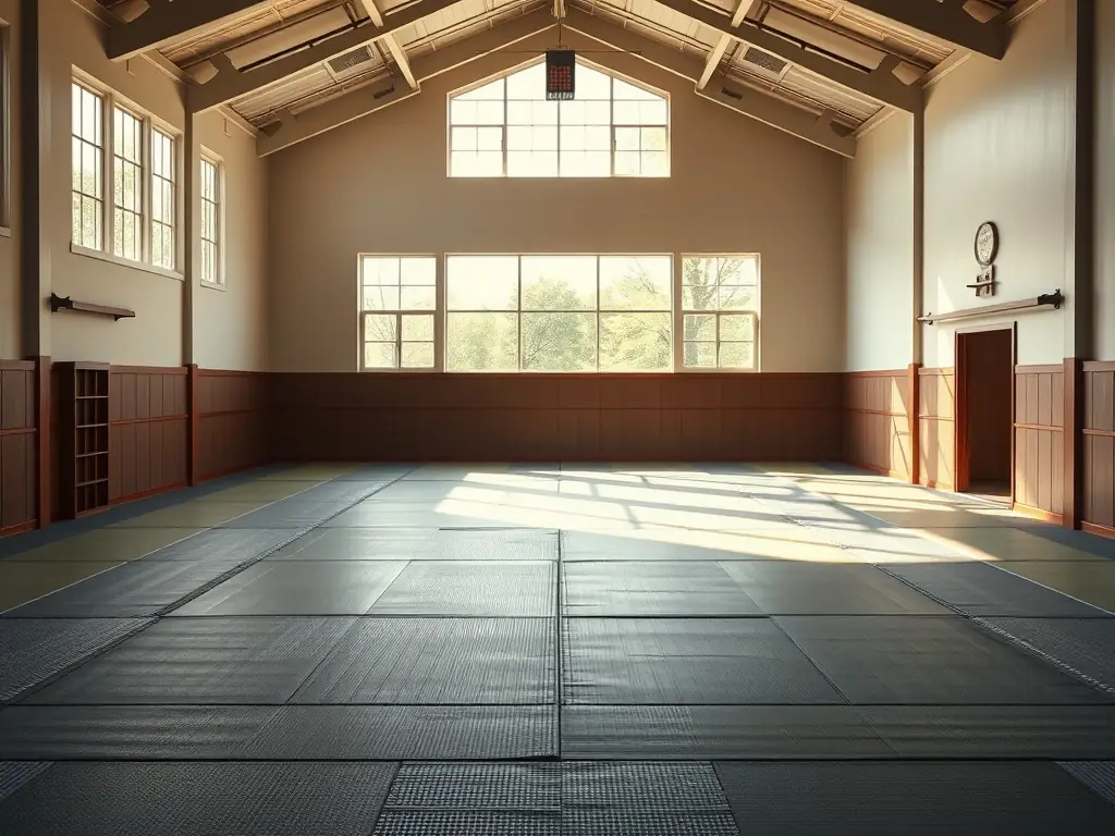 A clean and well-maintained martial arts training facility with safety mats and professional equipment, emphasizing the safe and secure environment provided by DURANCE SPORTS DE COMBAT.