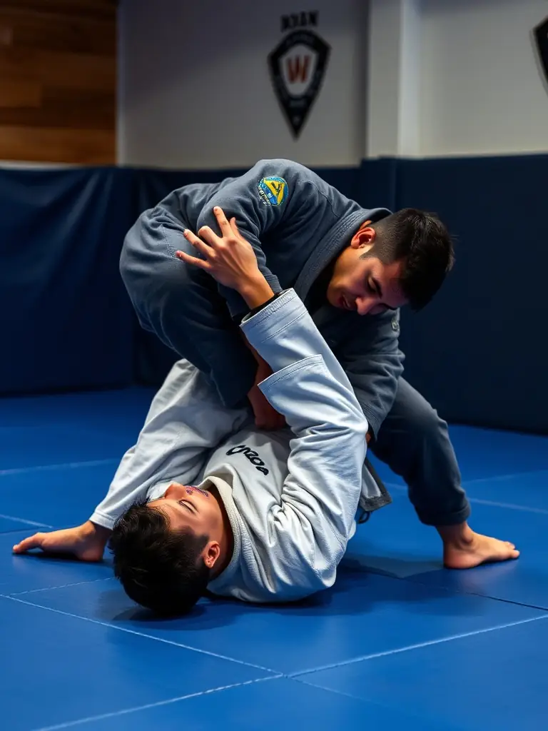 A focused image of students practicing Jujitsu ground techniques, emphasizing the grappling and submission aspects of Jujitsu training at DURANCE SPORTS DE COMBAT.