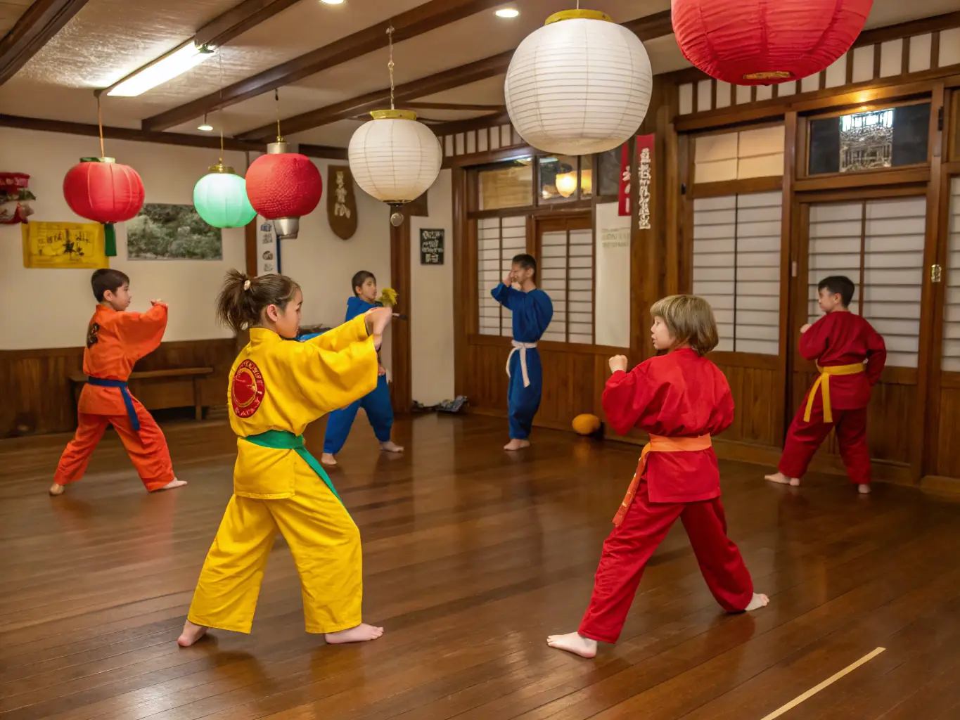 A diverse group of martial arts students of varying ages and skill levels training together in a bright and spacious dojo, showcasing the inclusive environment of DURANCE SPORTS DE COMBAT.