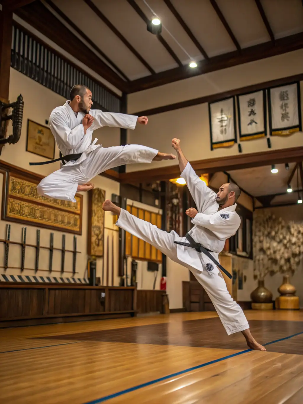 An action-packed photo of Kendo practitioners engaged in a sparring match, highlighting the precision and speed of Kendo at DURANCE SPORTS DE COMBAT.