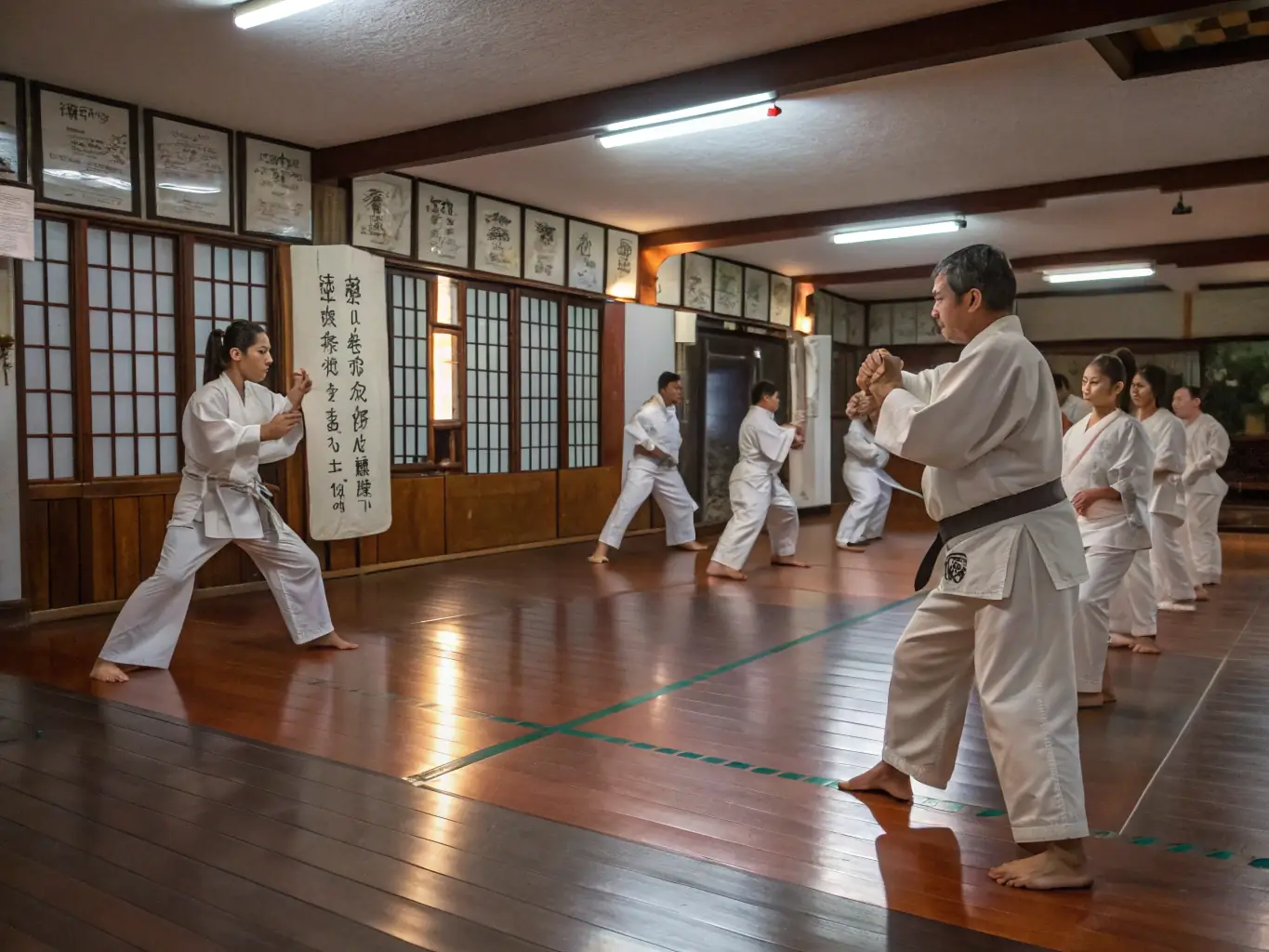 A structured martial arts class in progress, with an experienced instructor guiding students through specific techniques and drills, highlighting the structured programs at DURANCE SPORTS DE COMBAT.